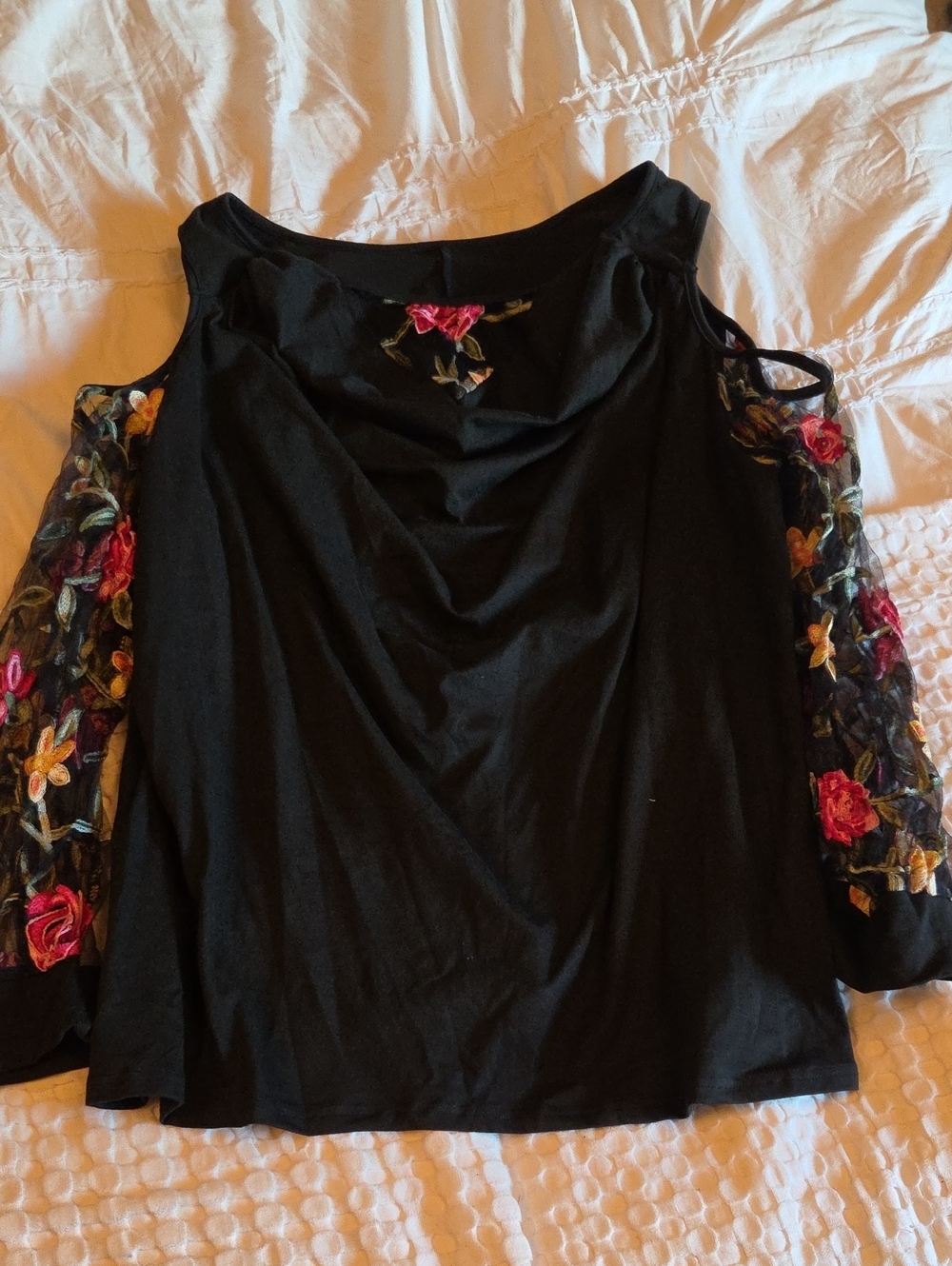 Black Cold-Shoulder Top with Floral Embroidered Sleeves